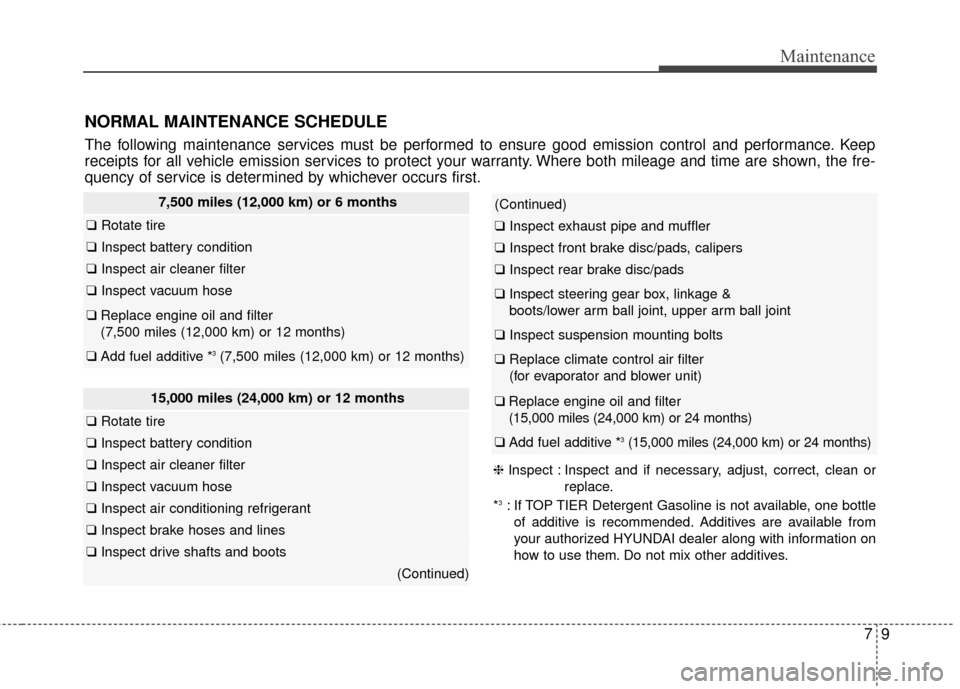 Hyundai Elantra GT 2017 User Guide 79
Maintenance
NORMAL MAINTENANCE SCHEDULE
The following maintenance services must be performed to ensure good emission control and performance. Keep
receipts for all vehicle emission services to prot