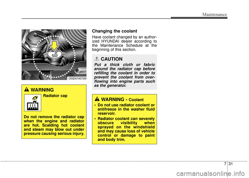 Hyundai Elantra GT 2017 Owners Guide 731
Maintenance
Changing the coolant
Have coolant changed by an author-
ized HYUNDAI dealer according to
the Maintenance Schedule at the
beginning of this section.
WARNING
Radiator cap
Do not remove t