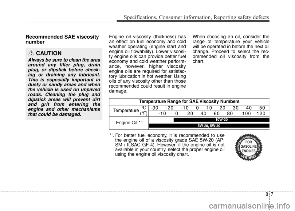 Hyundai Elantra GT 2017 Owners Manual 87
Specifications, Consumer information, Reporting safety defects
Recommended SAE viscosity
numberEngine oil viscosity (thickness) has
an effect on fuel economy and cold
weather operating (engine star Hyundai Elantra GT 2017 Owners Manual 87
Specifications, Consumer information, Reporting safety defects
Recommended SAE viscosity
numberEngine oil viscosity (thickness) has
an effect on fuel economy and cold
weather operating (engine star