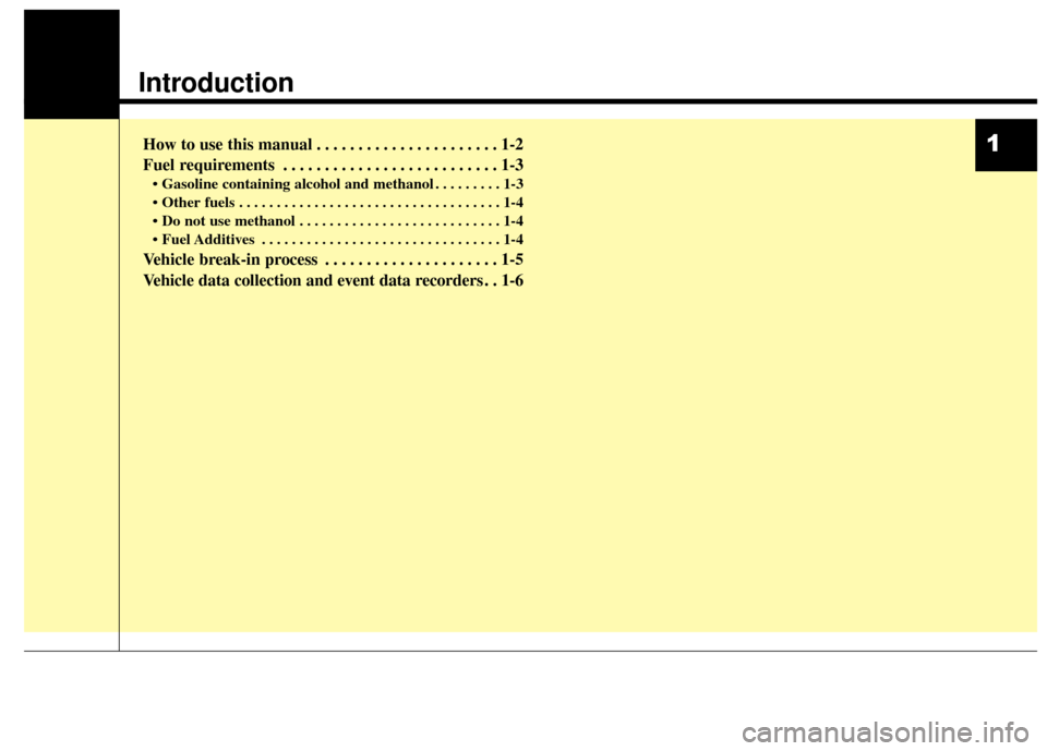 Hyundai Elantra GT 2017  Owners Manual 1
Introduction
How to use this manual . . . . . . . . . . . . . . . . . . . . . . 1-2
Fuel requirements . . . . . . . . . . . . . . . . . . . . . . . . . . 1-3
• Gasoline containing alcohol and meth