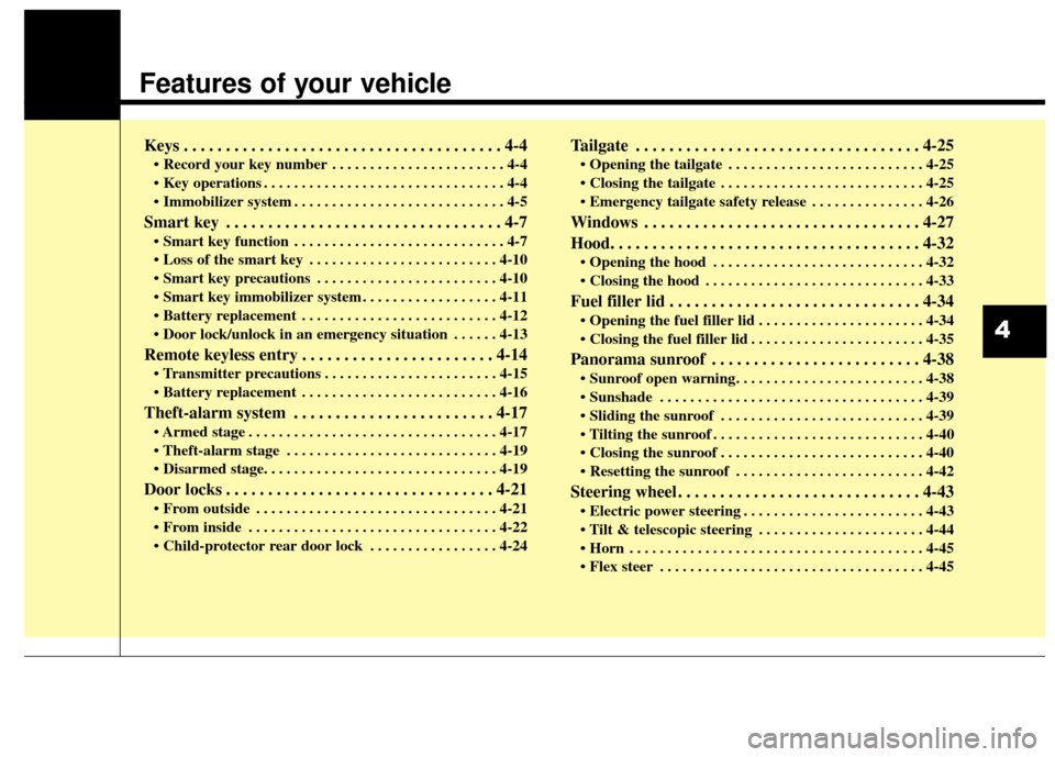 Hyundai Elantra GT 2017  Owners Manual Features of your vehicle
Keys . . . . . . . . . . . . . . . . . . . . . . . . . . . . . . . . . . . . \
. . 4-4
• Record your key number . . . . . . . . . . . . . . . . . . . . . . . 4-4
 . . . . . 