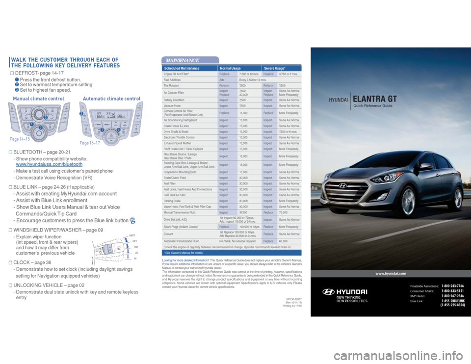 Hyundai Elantra GT 2017  Quick Reference Guide ☐ BLUETOOTH – page 20-21
 -  Show phone compatibility website: 
www.hyundaiusa.com/bluetooth
  - Make a test call using customer’s paired phone
  - Demonstrate Voice Recognition (VR)
☐ BLUE LI