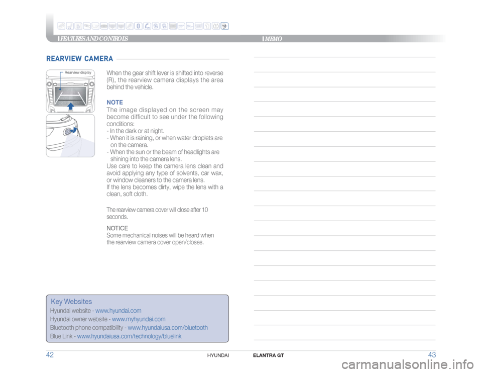 Hyundai Elantra GT 2017  Quick Reference Guide FEATURES AND CONTROLS
ELANTRA GT
43 42
HYUNDAI 
Rearview display
REARVIEW  CAMERA
When the gear shift lever is shifted into reverse 
(R), the rearview camera displays the area 
behind the vehicle.NOTE