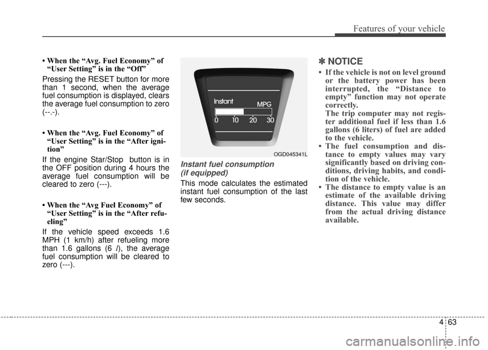 Hyundai Elantra GT 2016  Owners Manual 463
Features of your vehicle
• When the “Avg. Fuel Economy” of“User Setting” is in the “Off”
Pressing the RESET button for more
than 1 second, when the average
fuel consumption is displa