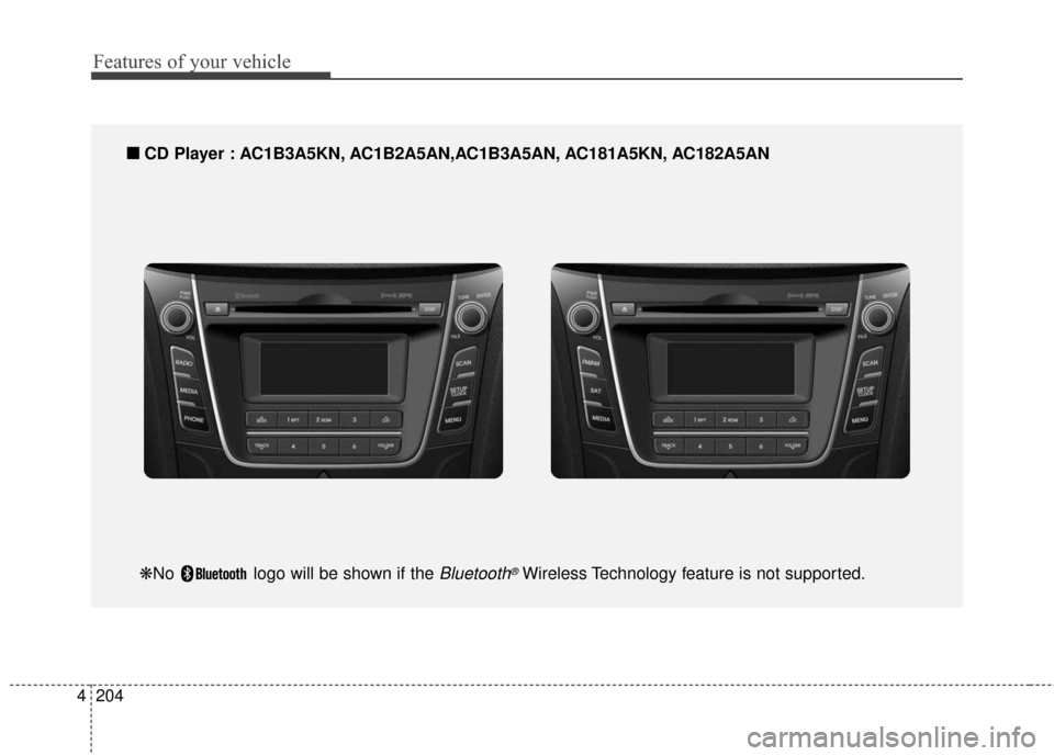 Hyundai Elantra GT 2016  Owners Manual Features of your vehicle
204
4
■
■
CD Player : AC1B3A5KN, AC1B2A5AN,AC1B3A5AN, AC181A5KN, AC182A5AN
❋No  logo will be shown if the Bluetooth®Wireless Technology feature is not supported. 