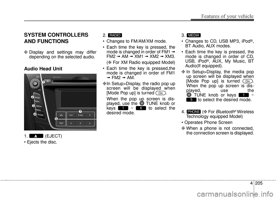 Hyundai Elantra GT 2016 Owners Manual 4205
Features of your vehicle
SYSTEM CONTROLLERS
AND FUNCTIONS
❈Display and settings may differ
depending on the selected audio.
Audio Head Unit
1. (EJECT)
2.
Changes to FM/AM/XM mode.
Each time Hyundai Elantra GT 2016 Owners Manual 4205
Features of your vehicle
SYSTEM CONTROLLERS
AND FUNCTIONS
❈Display and settings may differ
depending on the selected audio.
Audio Head Unit
1. (EJECT)
2.
Changes to FM/AM/XM mode.
Each time