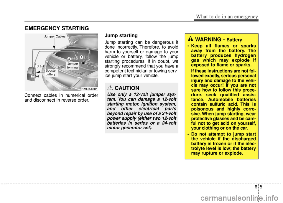 Hyundai Elantra GT 2016 Owners Manual 65
What to do in an emergency
EMERGENCY STARTING
Connect cables in numerical order
and disconnect in reverse order.
Jump starting
Jump starting can be dangerous if
done incorrectly. Therefore, to avoi Hyundai Elantra GT 2016 Owners Manual 65
What to do in an emergency
EMERGENCY STARTING
Connect cables in numerical order
and disconnect in reverse order.
Jump starting
Jump starting can be dangerous if
done incorrectly. Therefore, to avoi