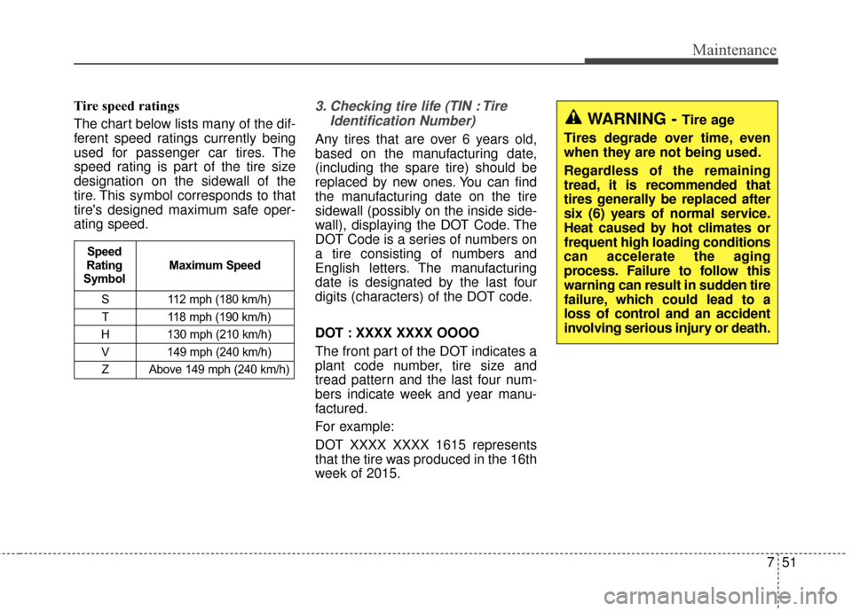 Hyundai Elantra GT 2016 Owners Manual 751
Maintenance
Tire speed ratings
The chart below lists many of the dif-
ferent speed ratings currently being
used for passenger car tires. The
speed rating is part of the tire size
designation on th Hyundai Elantra GT 2016 Owners Manual 751
Maintenance
Tire speed ratings
The chart below lists many of the dif-
ferent speed ratings currently being
used for passenger car tires. The
speed rating is part of the tire size
designation on th