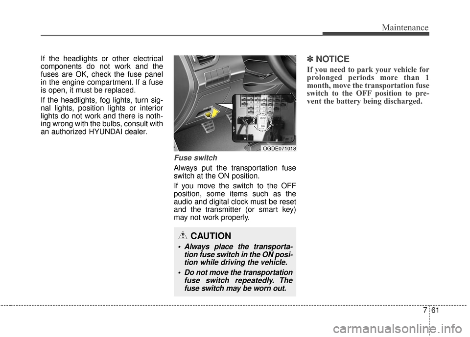 Hyundai Elantra GT 2016  Owners Manual 761
Maintenance
If the headlights or other electrical
components do not work and the
fuses are OK, check the fuse panel
in the engine compartment. If a fuse
is open, it must be replaced.
If the headli