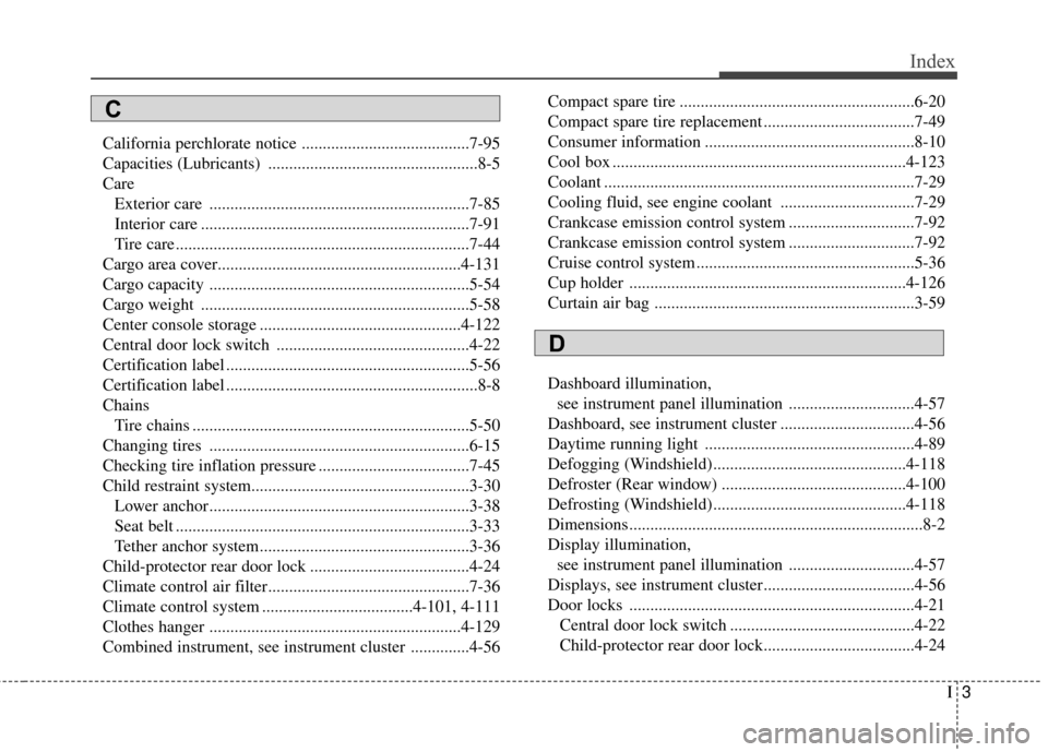 Hyundai Elantra GT 2016  Owners Manual I3
Index
California perchlorate notice ........................................7-95
Capacities (Lubricants) ..................................................8-5
CareExterior care ....................