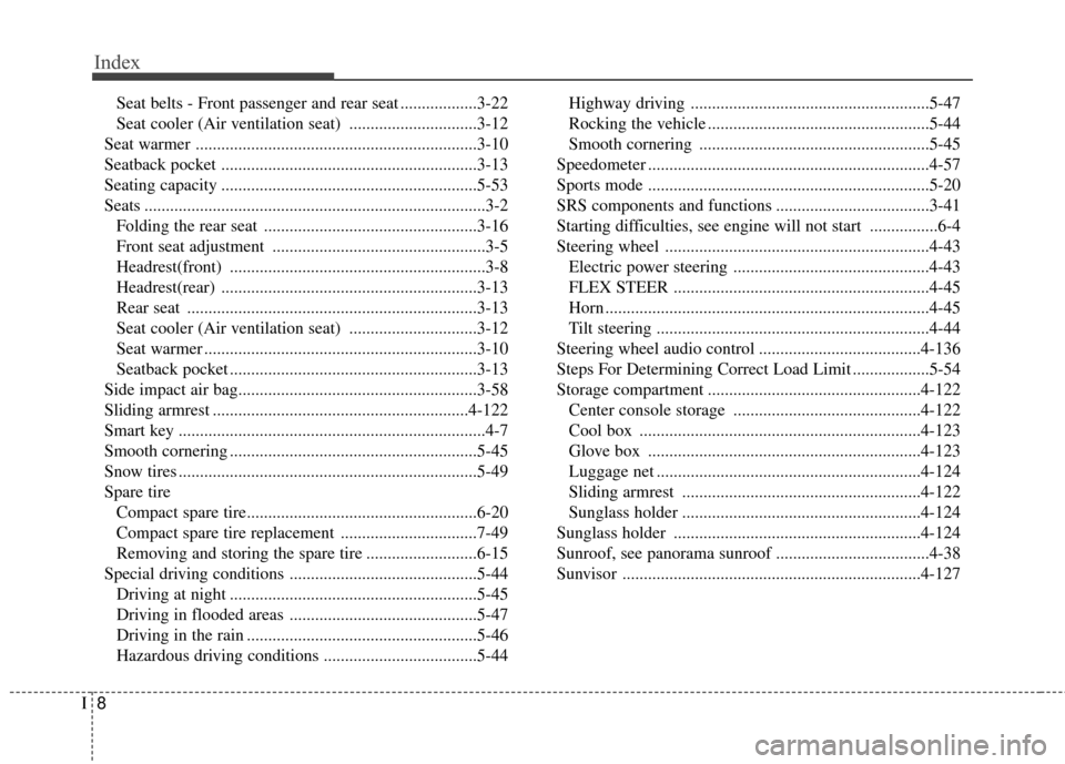 Hyundai Elantra GT 2016  Owners Manual Index
8I
Seat belts - Front passenger and rear seat ..................3-22
Seat cooler (Air ventilation seat) ..............................3-12
Seat warmer ...........................................