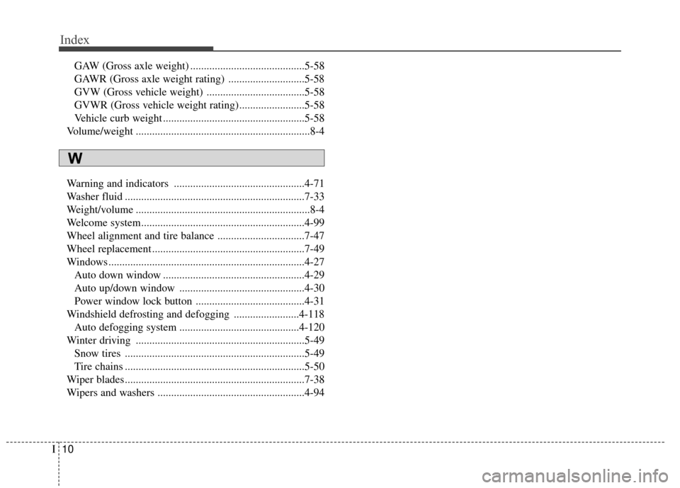 Hyundai Elantra GT 2016 Owners Manual Index
10I
GAW (Gross axle weight) ..........................................5-58
GAWR (Gross axle weight rating) ............................5-58
GVW (Gross vehicle weight) ........................... Hyundai Elantra GT 2016 Owners Manual Index
10I
GAW (Gross axle weight) ..........................................5-58
GAWR (Gross axle weight rating) ............................5-58
GVW (Gross vehicle weight) ...........................