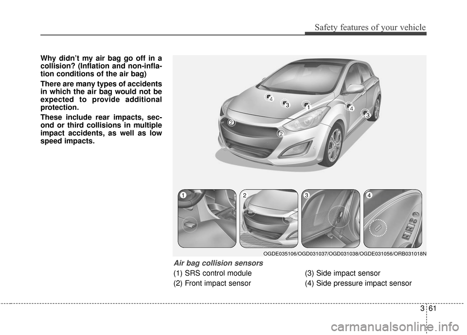 Hyundai Elantra GT 2016  Owners Manual 361
Safety features of your vehicle
Why didn’t my air bag go off in a
collision? (Inflation and non-infla-
tion conditions of the air bag)
There are many types of accidents
in which the air bag woul