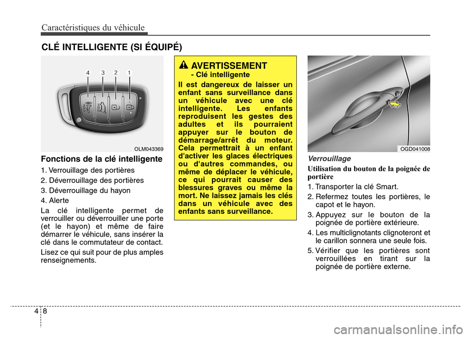 Hyundai Elantra GT 2016  Manuel du propriétaire (in French) Caractéristiques du véhicule
8 4
Fonctions de la clé intelligente
1. Verrouillage des portières
2. Déverrouillage des portières
3. Déverrouillage du hayon
4. Alerte
La clé intelligente permet 