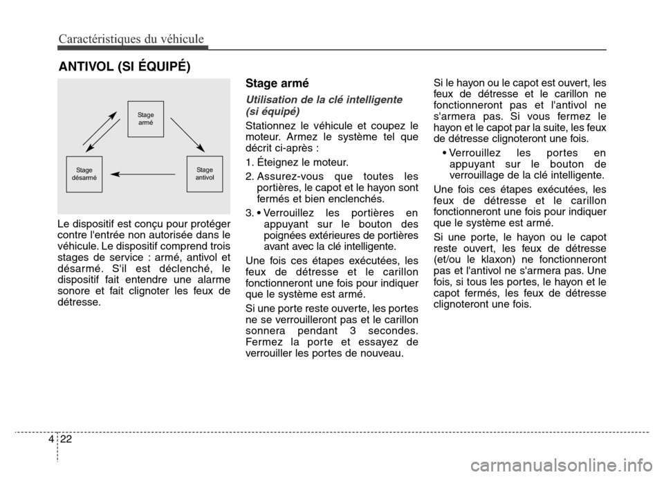 Hyundai Elantra GT 2016  Manuel du propriétaire (in French) Caractéristiques du véhicule
22 4
Le dispositif est conçu pour protéger
contre lentrée non autorisée dans le
véhicule. Le dispositif comprend trois
stages de service : armé, antivol et
désar