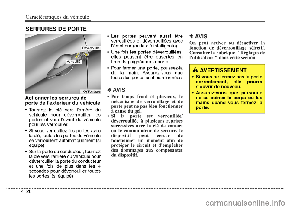 Hyundai Elantra GT 2016  Manuel du propriétaire (in French) Caractéristiques du véhicule
26 4
Actionner les serrures de
porte de lextérieur du véhicule
• Tournez la clé vers larrière du
véhicule pour déverrouiller les
portes et vers lavant du véh
