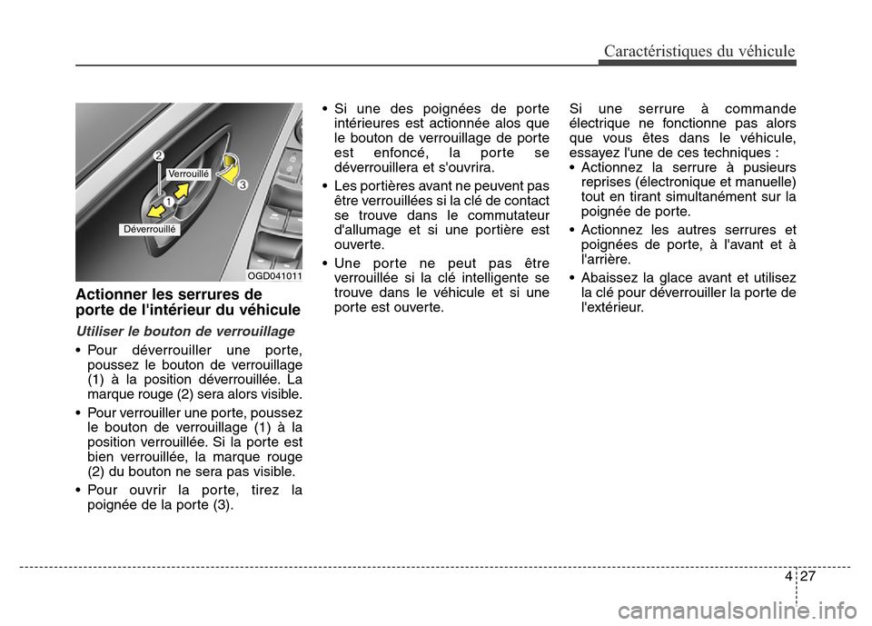 Hyundai Elantra GT 2016  Manuel du propriétaire (in French) 427
Caractéristiques du véhicule
Actionner les serrures de
porte de lintérieur du véhicule
Utiliser le bouton de verrouillage
• Pour déverrouiller une porte,
poussez le bouton de verrouillage
