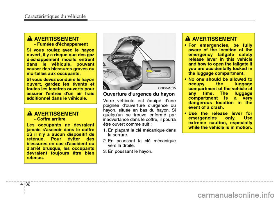 Hyundai Elantra GT 2016 Manuel du propriétaire (in French) Caractéristiques du véhicule
32 4
Ouverture durgence du hayon
Votre véhicule est équipé dune
poignée douverture durgence du
hayon, située en bas du hayon. Si
quelquun se trouve enfermé pa Hyundai Elantra GT 2016 Manuel du propriétaire (in French) Caractéristiques du véhicule
32 4
Ouverture durgence du hayon
Votre véhicule est équipé dune
poignée douverture durgence du
hayon, située en bas du hayon. Si
quelquun se trouve enfermé pa