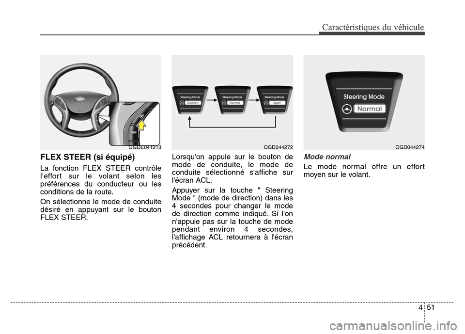 Hyundai Elantra GT 2016 Manuel du propriétaire (in French) 451
Caractéristiques du véhicule
FLEX STEER (si équipé)
La fonction FLEX STEER contrôle
leffort sur le volant selon les
préférences du conducteur ou les
conditions de la route.
On sélectionne Hyundai Elantra GT 2016 Manuel du propriétaire (in French) 451
Caractéristiques du véhicule
FLEX STEER (si équipé)
La fonction FLEX STEER contrôle
leffort sur le volant selon les
préférences du conducteur ou les
conditions de la route.
On sélectionne