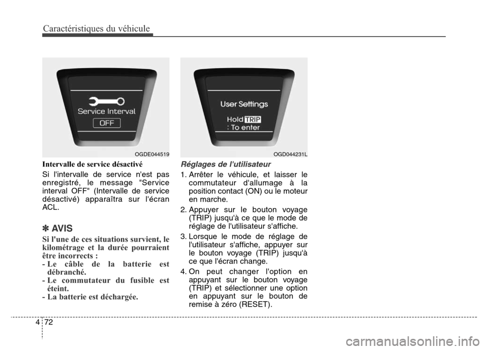 Hyundai Elantra GT 2016 Manuel du propriétaire (in French) Caractéristiques du véhicule
72 4
Intervalle de service désactivé
Si lintervalle de service nest pas
enregistré, le message "Service
interval OFF" (Intervalle de service
désactivé) apparaîtr Hyundai Elantra GT 2016 Manuel du propriétaire (in French) Caractéristiques du véhicule
72 4
Intervalle de service désactivé
Si lintervalle de service nest pas
enregistré, le message "Service
interval OFF" (Intervalle de service
désactivé) apparaîtr