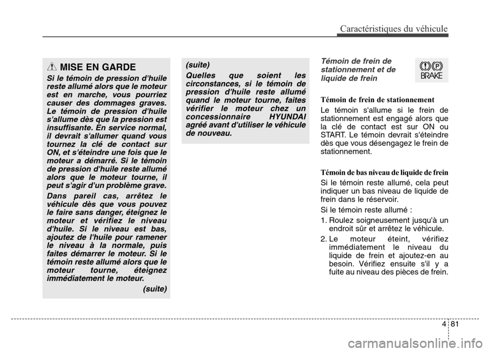 Hyundai Elantra GT 2016 Manuel du propriétaire (in French) 481
Caractéristiques du véhicule
Témoin de frein de
stationnement et de
liquide de frein
Témoin de frein de stationnement
Le témoin sallume si le frein de
stationnement est engagé alors que
la Hyundai Elantra GT 2016 Manuel du propriétaire (in French) 481
Caractéristiques du véhicule
Témoin de frein de
stationnement et de
liquide de frein
Témoin de frein de stationnement
Le témoin sallume si le frein de
stationnement est engagé alors que
la