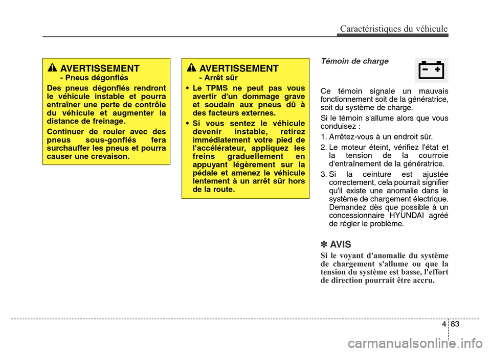 Hyundai Elantra GT 2016 Manuel du propriétaire (in French) 483
Caractéristiques du véhicule
Témoin de charge
Ce témoin signale un mauvais
fonctionnement soit de la génératrice,
soit du système de charge.
Si le témoin sallume alors que vous
conduisez Hyundai Elantra GT 2016 Manuel du propriétaire (in French) 483
Caractéristiques du véhicule
Témoin de charge
Ce témoin signale un mauvais
fonctionnement soit de la génératrice,
soit du système de charge.
Si le témoin sallume alors que vous
conduisez