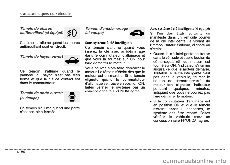Hyundai Elantra GT 2016 Manuel du propriétaire (in French) Caractéristiques du véhicule
84 4
Témoin de phares
antibrouillard (si équipé)
Ce témoin sallume quand les phares
antibrouillard sont en circuit.
Témoin de hayon ouvert
Ce témoin sallume quan Hyundai Elantra GT 2016 Manuel du propriétaire (in French) Caractéristiques du véhicule
84 4
Témoin de phares
antibrouillard (si équipé)
Ce témoin sallume quand les phares
antibrouillard sont en circuit.
Témoin de hayon ouvert
Ce témoin sallume quan