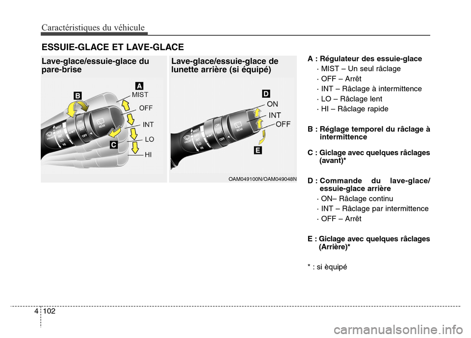 Hyundai Elantra GT 2016 Manuel du propriétaire (in French) Caractéristiques du véhicule
102 4
A : Régulateur des essuie-glace
· MIST – Un seul râclage
· OFF – Arrêt
· INT – Râclage à intermittence
· LO – Râclage lent
· HI – Râclage rap Hyundai Elantra GT 2016 Manuel du propriétaire (in French) Caractéristiques du véhicule
102 4
A : Régulateur des essuie-glace
· MIST – Un seul râclage
· OFF – Arrêt
· INT – Râclage à intermittence
· LO – Râclage lent
· HI – Râclage rap