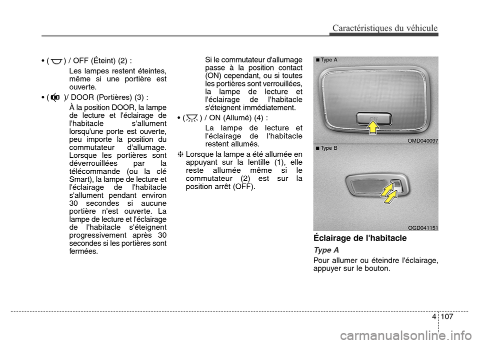 Hyundai Elantra GT 2016 Manuel du propriétaire (in French) 4107
Caractéristiques du véhicule
• ( ) / OFF (Éteint) (2) :
Les lampes restent éteintes,
même si une portière est
ouverte.
• ( )/ DOOR (Portières) (3) :
À la position DOOR, la lampe
de le Hyundai Elantra GT 2016 Manuel du propriétaire (in French) 4107
Caractéristiques du véhicule
• ( ) / OFF (Éteint) (2) :
Les lampes restent éteintes,
même si une portière est
ouverte.
• ( )/ DOOR (Portières) (3) :
À la position DOOR, la lampe
de le