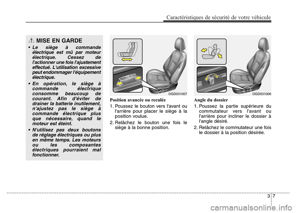 Hyundai Elantra GT 2016  Manuel du propriétaire (in French) 37
Caractéristiques de sécurité de votre véhicule
Position avancée ou reculée
1. Poussez le bouton vers lavant ou
larrière pour placer le siège à la
position voulue.
2. Relâchez le bouton 