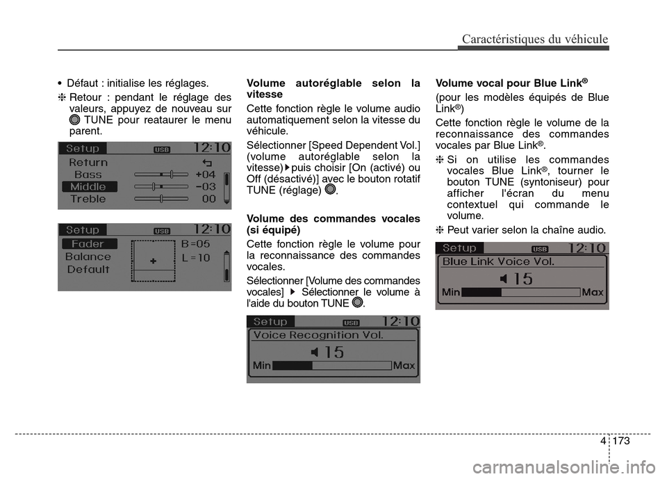Hyundai Elantra GT 2016 Manuel du propriétaire (in French) • Défaut : initialise les réglages.
❈ Retour : pendant le réglage des
valeurs, appuyez de nouveau sur
TUNE pour reataurer le menu
parent.Volume autoréglable selon la
vitesse
Cette fonction rè Hyundai Elantra GT 2016 Manuel du propriétaire (in French) • Défaut : initialise les réglages.
❈ Retour : pendant le réglage des
valeurs, appuyez de nouveau sur
TUNE pour reataurer le menu
parent.Volume autoréglable selon la
vitesse
Cette fonction rè