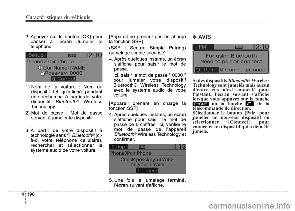 Hyundai Elantra GT 2016  Manuel du propriétaire (in French) Caractéristiques du véhicule
198 4
2. Appuyer sur le bouton [OK] pour
passer à lécran Jumeler le
téléphone.
1) Nom de la voiture : Nom du
dispositif tel quaffiché pendant
une recherche à par