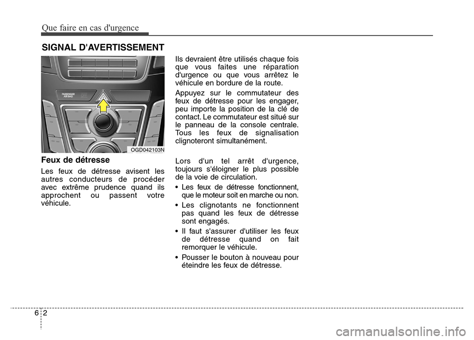 Hyundai Elantra GT 2016 Manuel du propriétaire (in French) Que faire en cas durgence
2 6
SIGNAL DAVERTISSEMENT
Feux de détresse
Les feux de détresse avisent les
autres conducteurs de procéder
avec extrême prudence quand ils
approchent ou passent votre
Hyundai Elantra GT 2016 Manuel du propriétaire (in French) Que faire en cas durgence
2 6
SIGNAL DAVERTISSEMENT
Feux de détresse
Les feux de détresse avisent les
autres conducteurs de procéder
avec extrême prudence quand ils
approchent ou passent votre