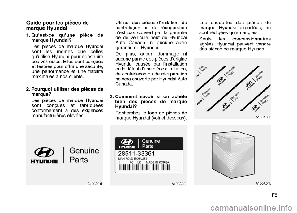 Hyundai Elantra GT 2016  Manuel du propriétaire (in French) F5
Guide pour les pièces de
marque Hyundai
1. Qu’est-ce qu’une pièce de
marque Hyundai?
Les pièces de marque Hyundai
sont les mêmes que celles
quutilise Hyundai pour construire
ses véhicules