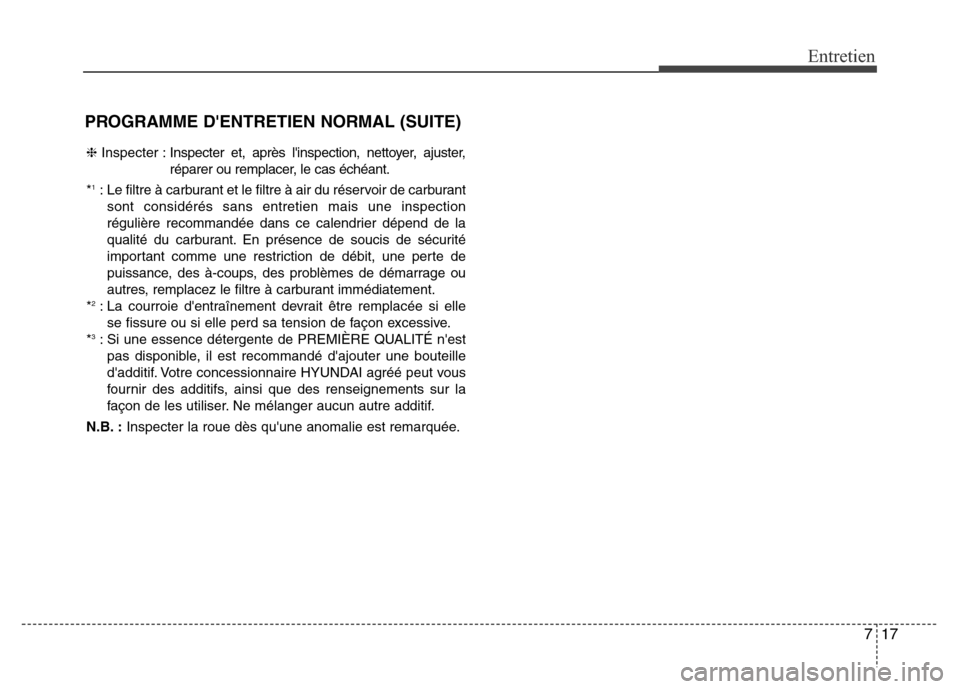 Hyundai Elantra GT 2016 Manuel du propriétaire (in French) 717
Entretien
PROGRAMME DENTRETIEN NORMAL (SUITE)
❈Inspecter : Inspecter et, après linspection, nettoyer, ajuster,
réparer ou remplacer, le cas échéant.
*
1: Le filtre à carburant et le filtr Hyundai Elantra GT 2016 Manuel du propriétaire (in French) 717
Entretien
PROGRAMME DENTRETIEN NORMAL (SUITE)
❈Inspecter : Inspecter et, après linspection, nettoyer, ajuster,
réparer ou remplacer, le cas échéant.
*
1: Le filtre à carburant et le filtr