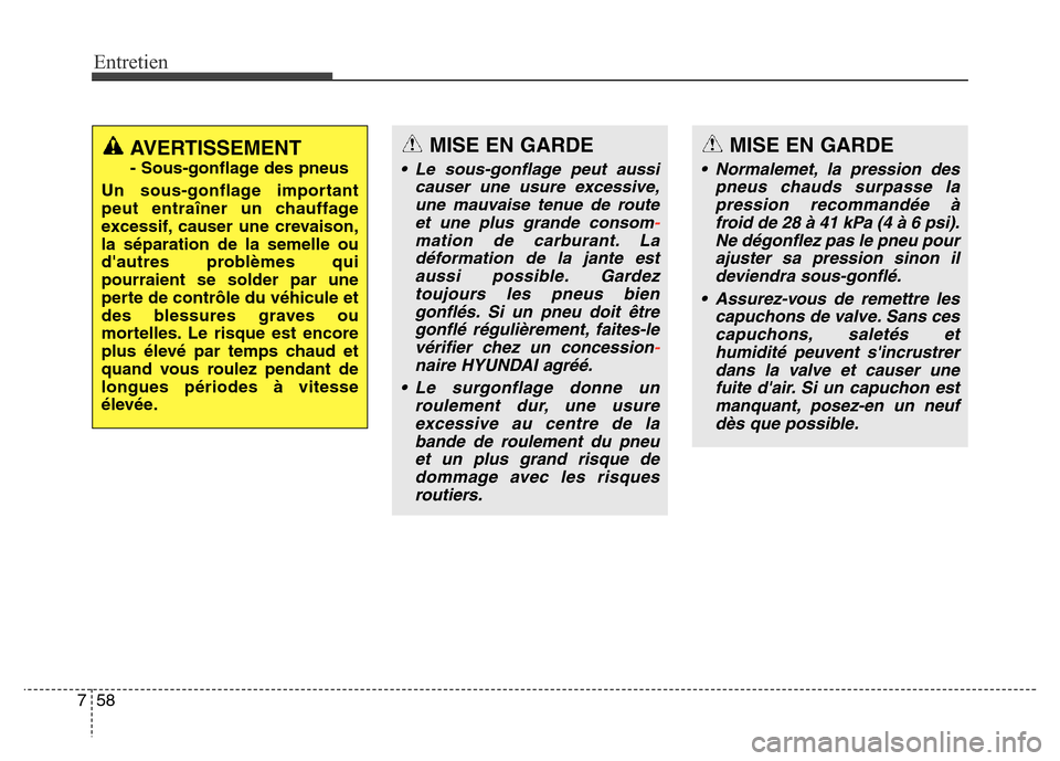 Hyundai Elantra GT 2016 Manuel du propriétaire (in French) Entretien
58 7
MISE EN GARDE
• Le sous-gonflage peut aussi
causer une usure excessive,
une mauvaise tenue de route
et une plus grande consom
-
mation de carburant. La
déformation de la jante est
au Hyundai Elantra GT 2016 Manuel du propriétaire (in French) Entretien
58 7
MISE EN GARDE
• Le sous-gonflage peut aussi
causer une usure excessive,
une mauvaise tenue de route
et une plus grande consom
-
mation de carburant. La
déformation de la jante est
au