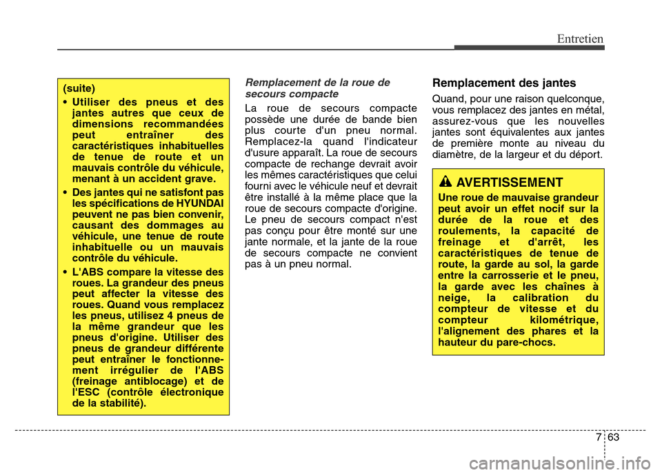 Hyundai Elantra GT 2016 Manuel du propriétaire (in French) 763
Entretien
Remplacement de la roue de
secours compacte
La roue de secours compacte
possède une durée de bande bien
plus courte dun pneu normal.
Remplacez-la quand lindicateur
dusure apparaît. Hyundai Elantra GT 2016 Manuel du propriétaire (in French) 763
Entretien
Remplacement de la roue de
secours compacte
La roue de secours compacte
possède une durée de bande bien
plus courte dun pneu normal.
Remplacez-la quand lindicateur
dusure apparaît.