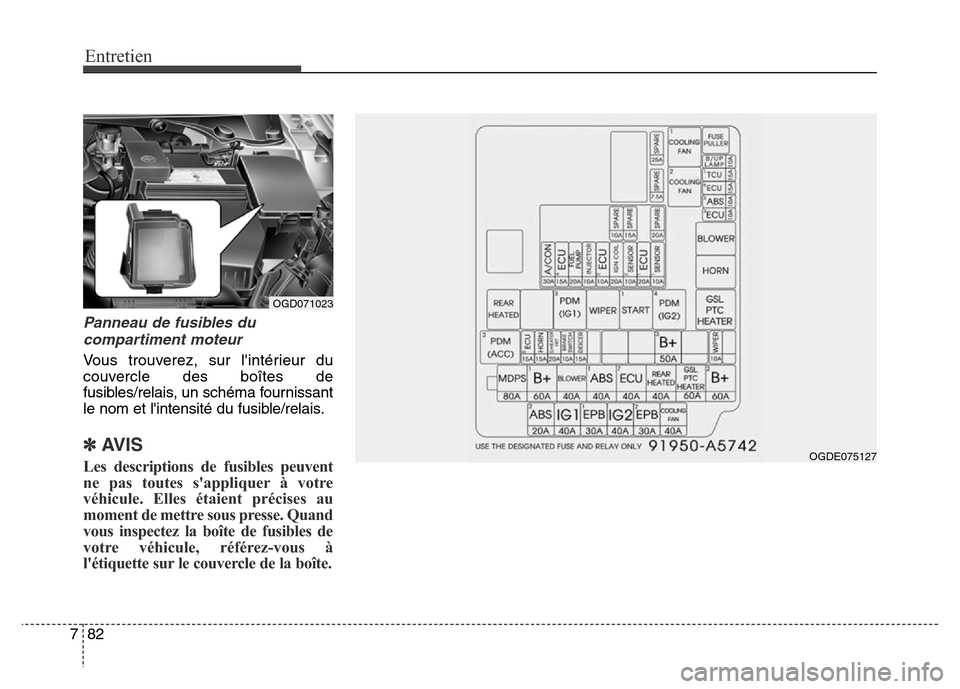 Hyundai Elantra GT 2016 Manuel du propriétaire (in French) Entretien
82 7
Panneau de fusibles du
compartiment moteur
Vous trouverez, sur lintérieur du
couvercle des boîtes de
fusibles/relais, un schéma fournissant
le nom et lintensité du fusible/relais. Hyundai Elantra GT 2016 Manuel du propriétaire (in French) Entretien
82 7
Panneau de fusibles du
compartiment moteur
Vous trouverez, sur lintérieur du
couvercle des boîtes de
fusibles/relais, un schéma fournissant
le nom et lintensité du fusible/relais.