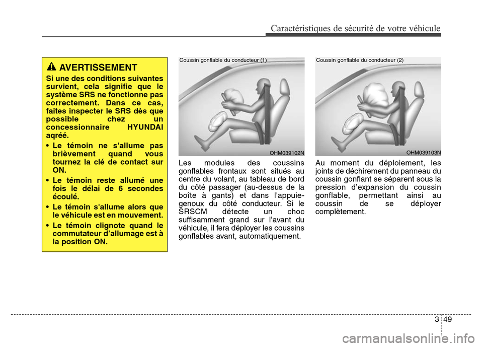 Hyundai Elantra GT 2016 Manuel du propriétaire (in French) 349
Caractéristiques de sécurité de votre véhicule
Les modules des coussins
gonflables frontaux sont situés au
centre du volant, au tableau de bord
du côté passager (au-dessus de la
boîte à g Hyundai Elantra GT 2016 Manuel du propriétaire (in French) 349
Caractéristiques de sécurité de votre véhicule
Les modules des coussins
gonflables frontaux sont situés au
centre du volant, au tableau de bord
du côté passager (au-dessus de la
boîte à g