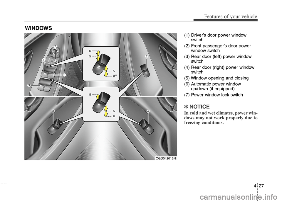 Hyundai Elantra GT 2013  Owners Manual 427
Features of your vehicle
(1) Driver’s door power window
switch
(2) Front passenger’s door power
window switch
(3) Rear door (left) power window
switch
(4) Rear door (right) power window
switch