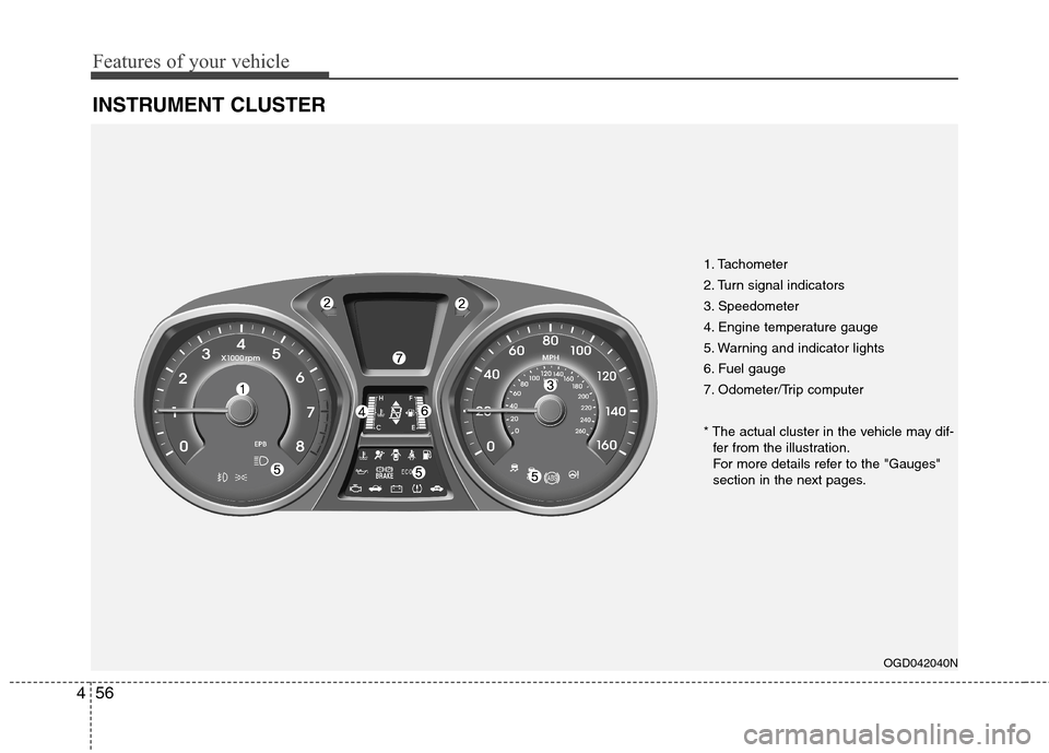 Hyundai Elantra GT 2013 Owners Manual Features of your vehicle
56 4
INSTRUMENT CLUSTER
OGD042040N
1. Tachometer
2. Turn signal indicators
3. Speedometer
4. Engine temperature gauge
5. Warning and indicator lights
6. Fuel gauge
7. Odomete Hyundai Elantra GT 2013 Owners Manual Features of your vehicle
56 4
INSTRUMENT CLUSTER
OGD042040N
1. Tachometer
2. Turn signal indicators
3. Speedometer
4. Engine temperature gauge
5. Warning and indicator lights
6. Fuel gauge
7. Odomete