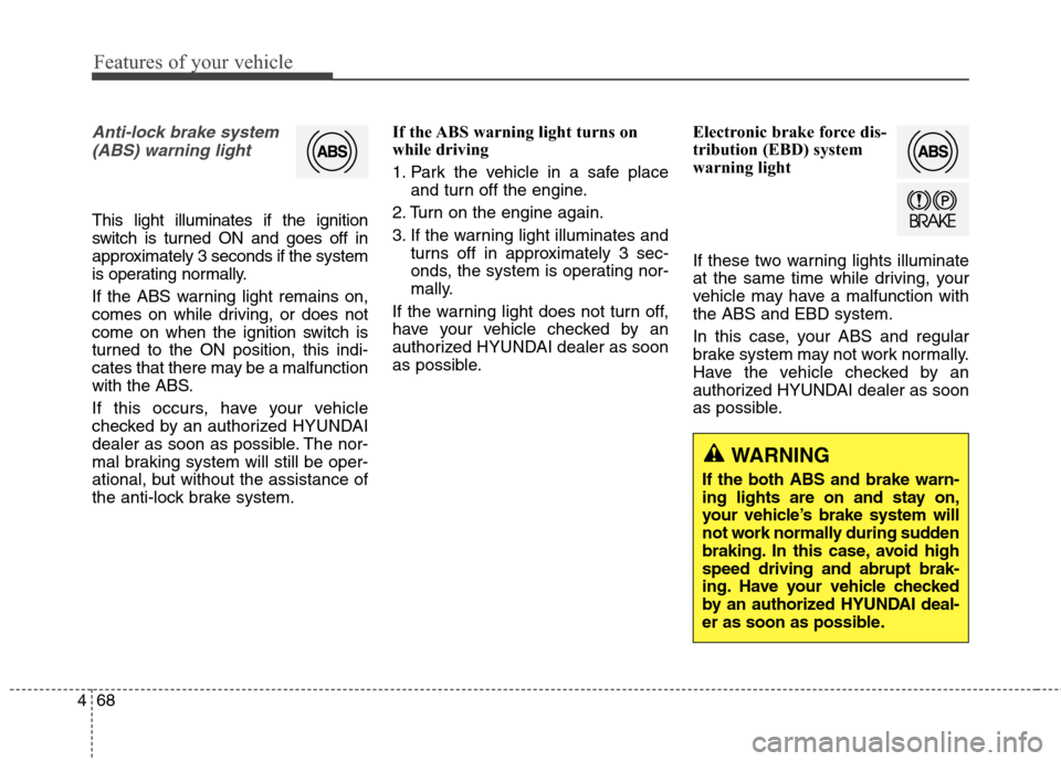 Hyundai Elantra GT 2013  Owners Manual Features of your vehicle
68 4
Anti-lock brake system
(ABS) warning light 
This light illuminates if the ignition
switch is turned ON and goes off in
approximately 3 seconds if the system
is operating 