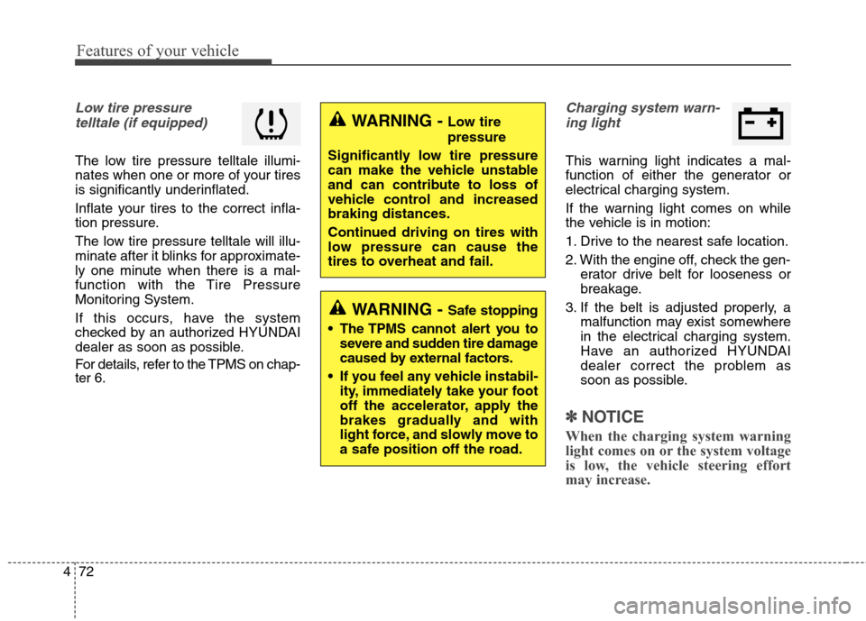 Hyundai Elantra GT 2013 Owners Manual Features of your vehicle
72 4
Low tire pressure
telltale (if equipped)
The low tire pressure telltale illumi-
nates when one or more of your tires
is significantly underinflated.
Inflate your tires t Hyundai Elantra GT 2013 Owners Manual Features of your vehicle
72 4
Low tire pressure
telltale (if equipped)
The low tire pressure telltale illumi-
nates when one or more of your tires
is significantly underinflated.
Inflate your tires t
