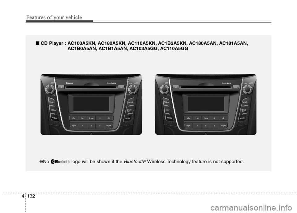 Hyundai Elantra GT 2013 Owners Manual Features of your vehicle
132 4
■
■
CD Player : AC100A5KN, AC180A5KN, AC110A5KN, AC1B2A5KN, AC180A5AN, AC181A5AN,
AC1B0A5AN, AC1B1A5AN, AC103A5GG, AC110A5GG
❋No logo will be shown if the Bluetoo Hyundai Elantra GT 2013 Owners Manual Features of your vehicle
132 4
■
■
CD Player : AC100A5KN, AC180A5KN, AC110A5KN, AC1B2A5KN, AC180A5AN, AC181A5AN,
AC1B0A5AN, AC1B1A5AN, AC103A5GG, AC110A5GG
❋No logo will be shown if the Bluetoo