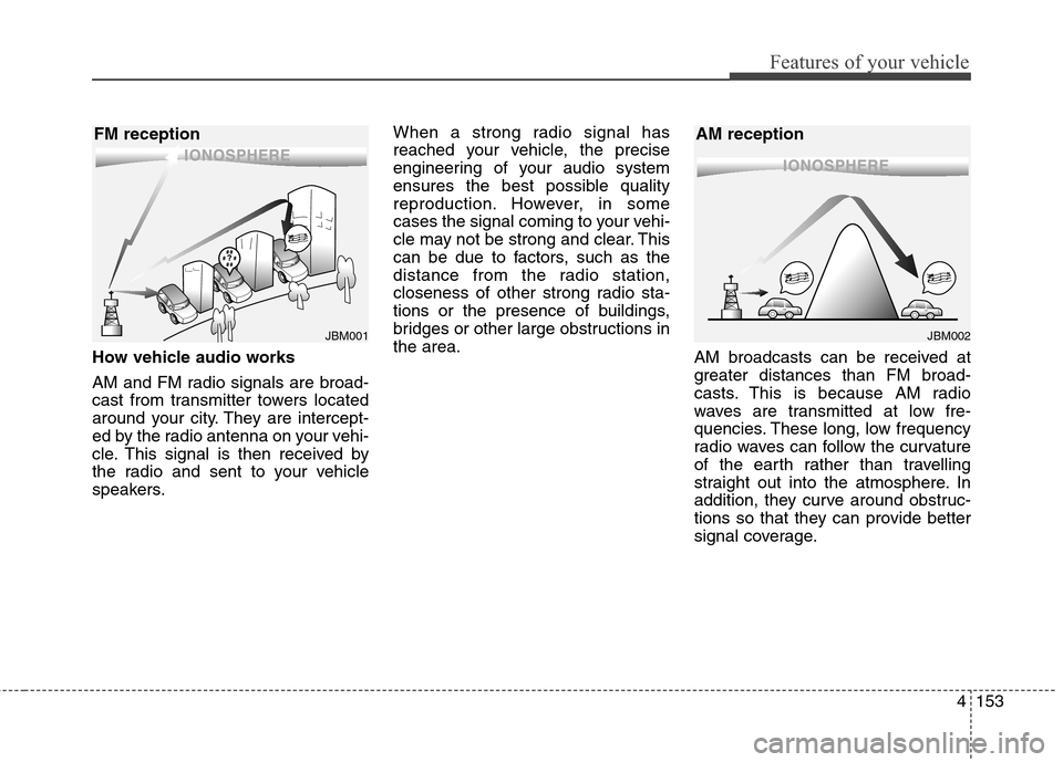 Hyundai Elantra GT 2013 Owners Manual 4153
Features of your vehicle
How vehicle audio works
AM and FM radio signals are broad-
cast from transmitter towers located
around your city. They are intercept-
ed by the radio antenna on your vehi Hyundai Elantra GT 2013 Owners Manual 4153
Features of your vehicle
How vehicle audio works
AM and FM radio signals are broad-
cast from transmitter towers located
around your city. They are intercept-
ed by the radio antenna on your vehi