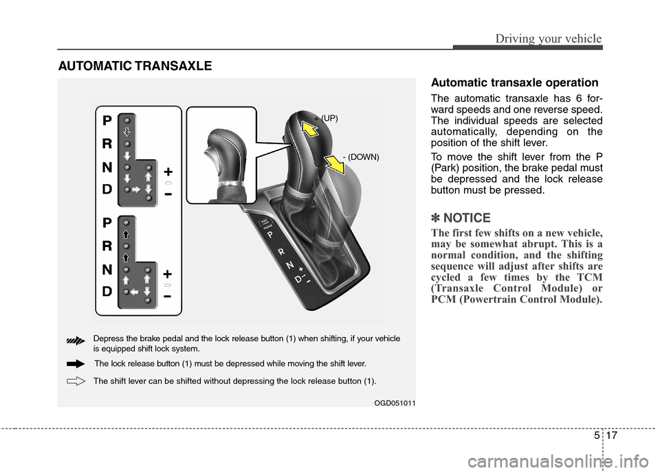 Hyundai Elantra GT 2013  Owners Manual 517
Driving your vehicle
Automatic transaxle operation
The automatic transaxle has 6 for-
ward speeds and one reverse speed.
The individual speeds are selected
automatically, depending on the
position