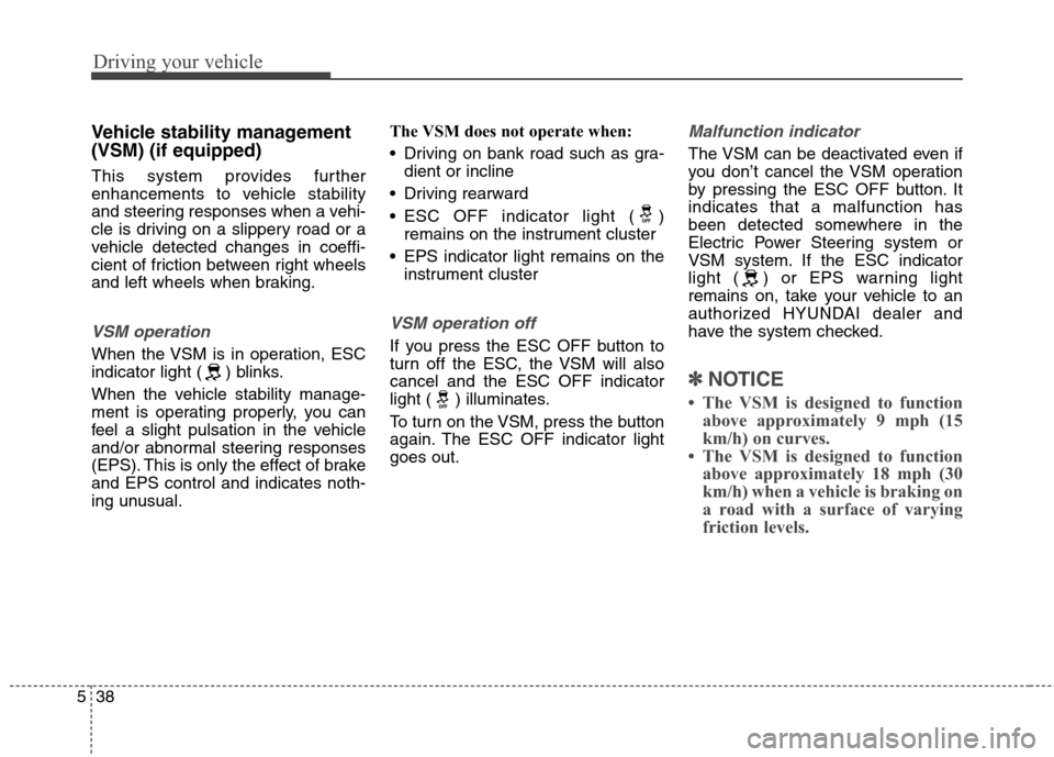 Hyundai Elantra GT 2013  Owners Manual Driving your vehicle
38 5
Vehicle stability management
(VSM) (if equipped)
This system provides further
enhancements to vehicle stability
and steering responses when a vehi-
cle is driving on a slippe