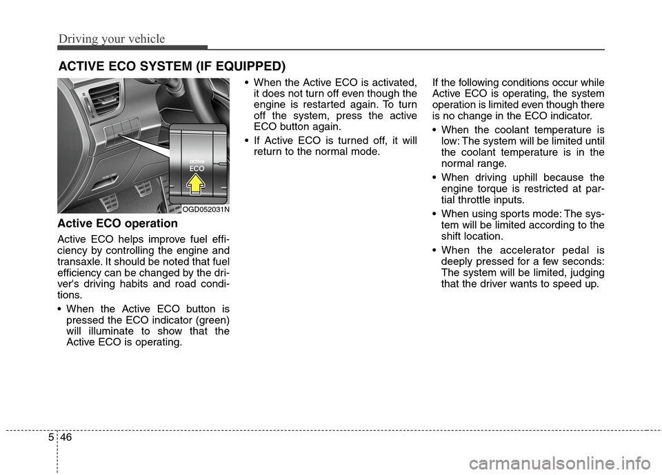 Hyundai Elantra GT 2013 Owners Manual Driving your vehicle
46 5
Active ECO operation
Active ECO helps improve fuel effi-
ciency by controlling the engine and
transaxle. It should be noted that fuel
efficiency can be changed by the dri-
ve Hyundai Elantra GT 2013 Owners Manual Driving your vehicle
46 5
Active ECO operation
Active ECO helps improve fuel effi-
ciency by controlling the engine and
transaxle. It should be noted that fuel
efficiency can be changed by the dri-
ve