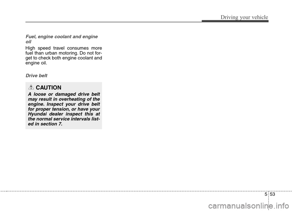 Hyundai Elantra GT 2013  Owners Manual 553
Driving your vehicle
Fuel, engine coolant and engine
oil
High speed travel consumes more
fuel than urban motoring. Do not for-
get to check both engine coolant and
engine oil.
Drive belt
CAUTION
A