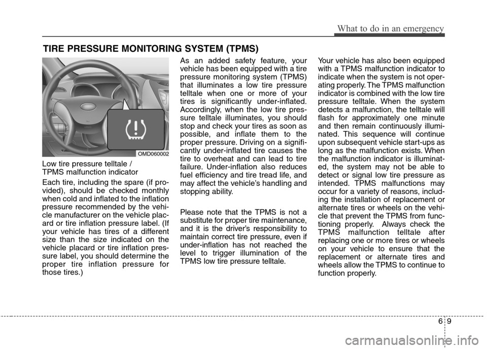 Hyundai Elantra GT 2013  Owners Manual 69
What to do in an emergency
TIRE PRESSURE MONITORING SYSTEM (TPMS)
Low tire pressure telltale / 
TPMS malfunction indicator
Each tire, including the spare (if pro-
vided), should be checked monthly
